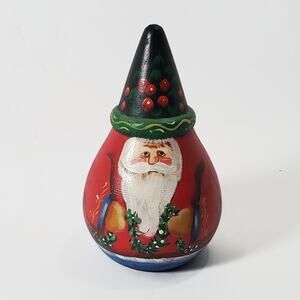 Vintage Hand Painted Santa Claus Roly Poly Wood Figurine Signed